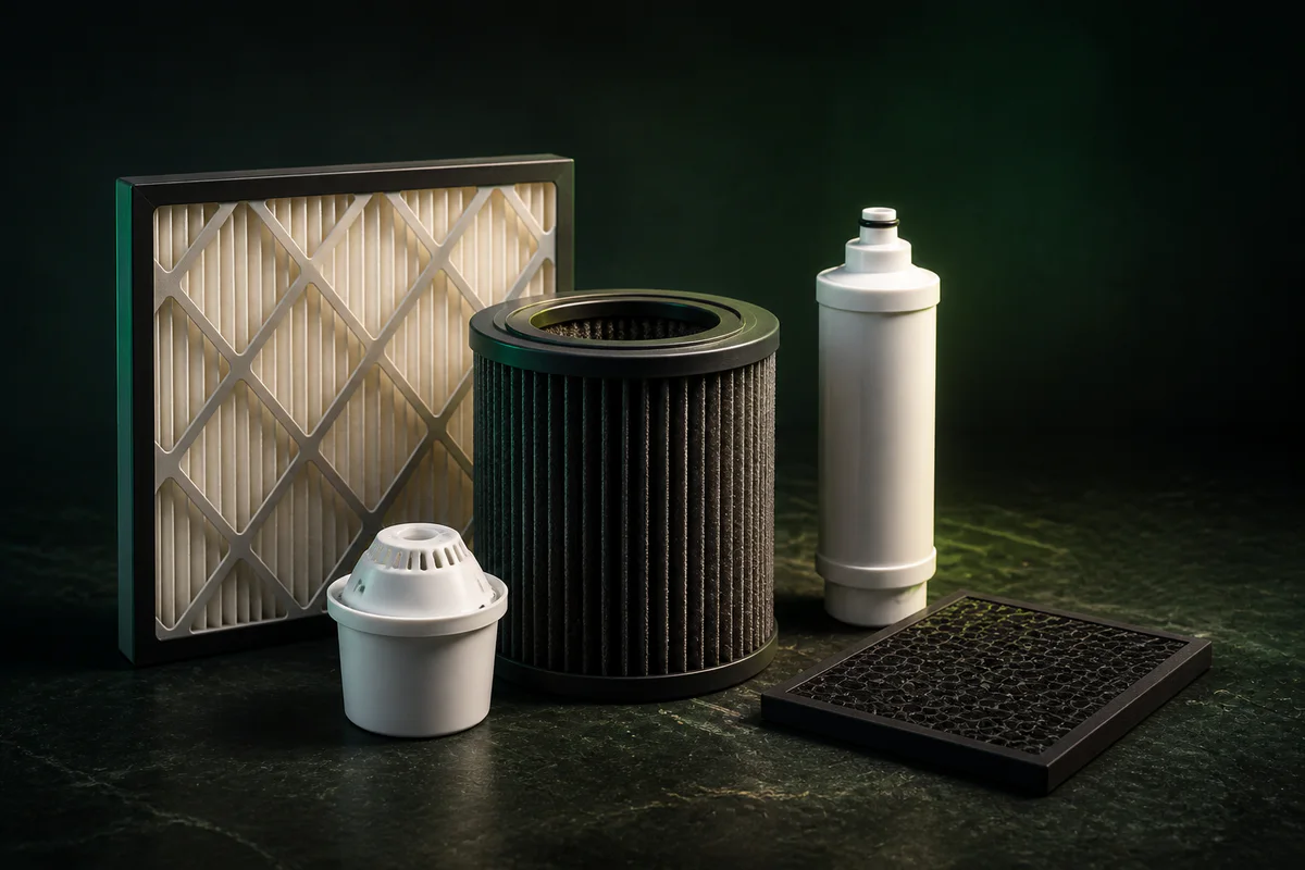 Unbranded pleated, cylindrical, water and charcoal replacement filters arranged on a dark green surface