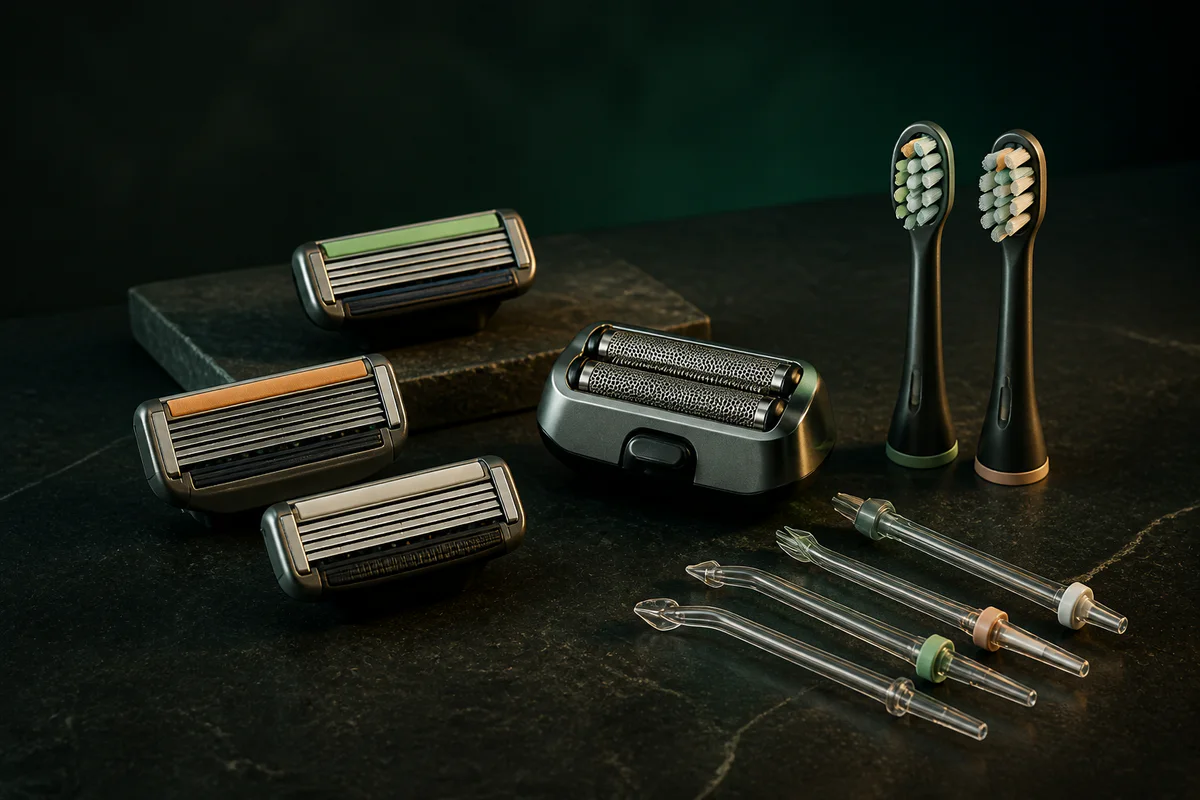 Unbranded razor cartridges, a shaver foil, toothbrush heads and flosser tips arranged on a dark green surface