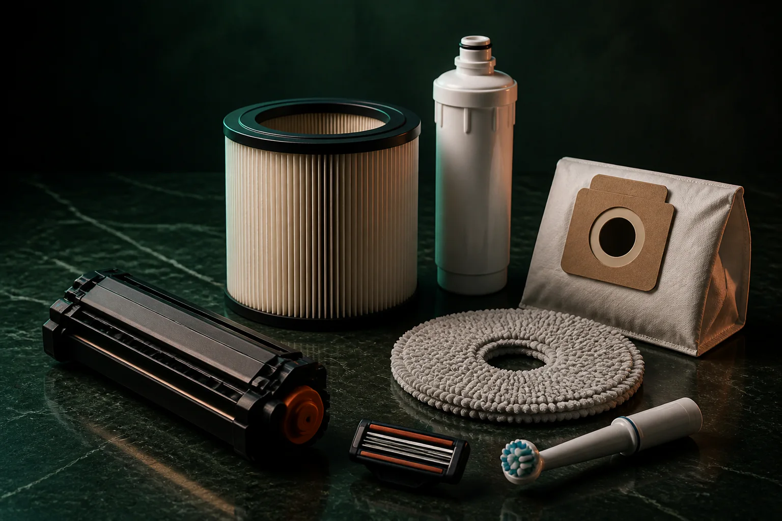 Unbranded replacement filters, a vacuum bag, mop pad, razor cartridge and toothbrush head arranged on a dark green work surface